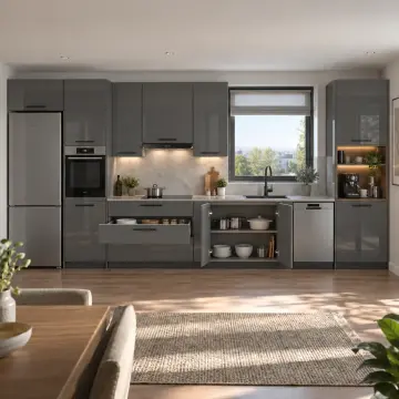 Ruzelya Duman Gri High Gloss Kahve Nişli Düz Mutfak Dolabı