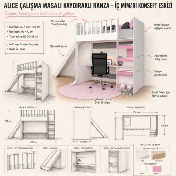 Alice Çalışma Masalı Kaydıraklı Ranza