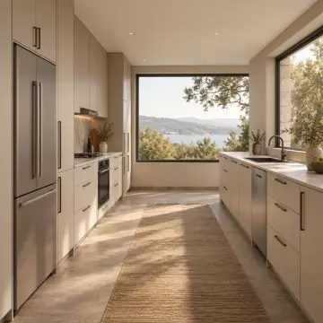 Virelya Keten Bej MDF Pencere Önü Alçak Hatlı Paralel Mutfak Dolabı