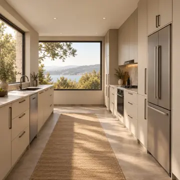Virelya Keten Bej MDF Pencere Önü Alçak Hatlı Paralel Mutfak Dolabı