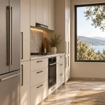 Virelya Keten Bej MDF Pencere Önü Alçak Hatlı Paralel Mutfak Dolabı
