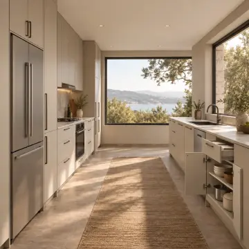 Virelya Keten Bej MDF Pencere Önü Alçak Hatlı Paralel Mutfak Dolabı