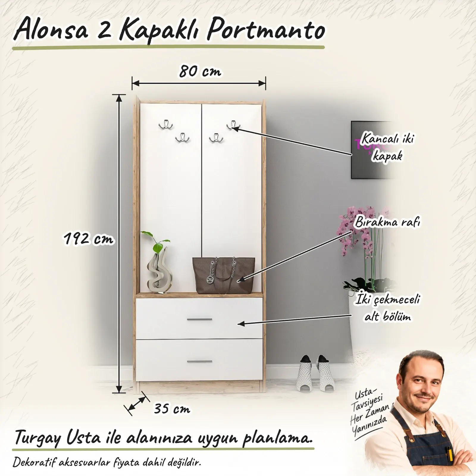 Alonsa 2 Kapaklı Portmanto ölçülü Turgay Usta eskizi
