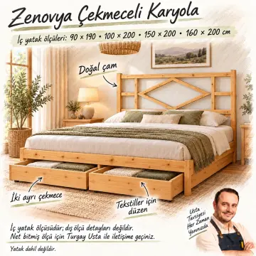 Zenovya Doğal Ahşap Çekmeceli Karyola