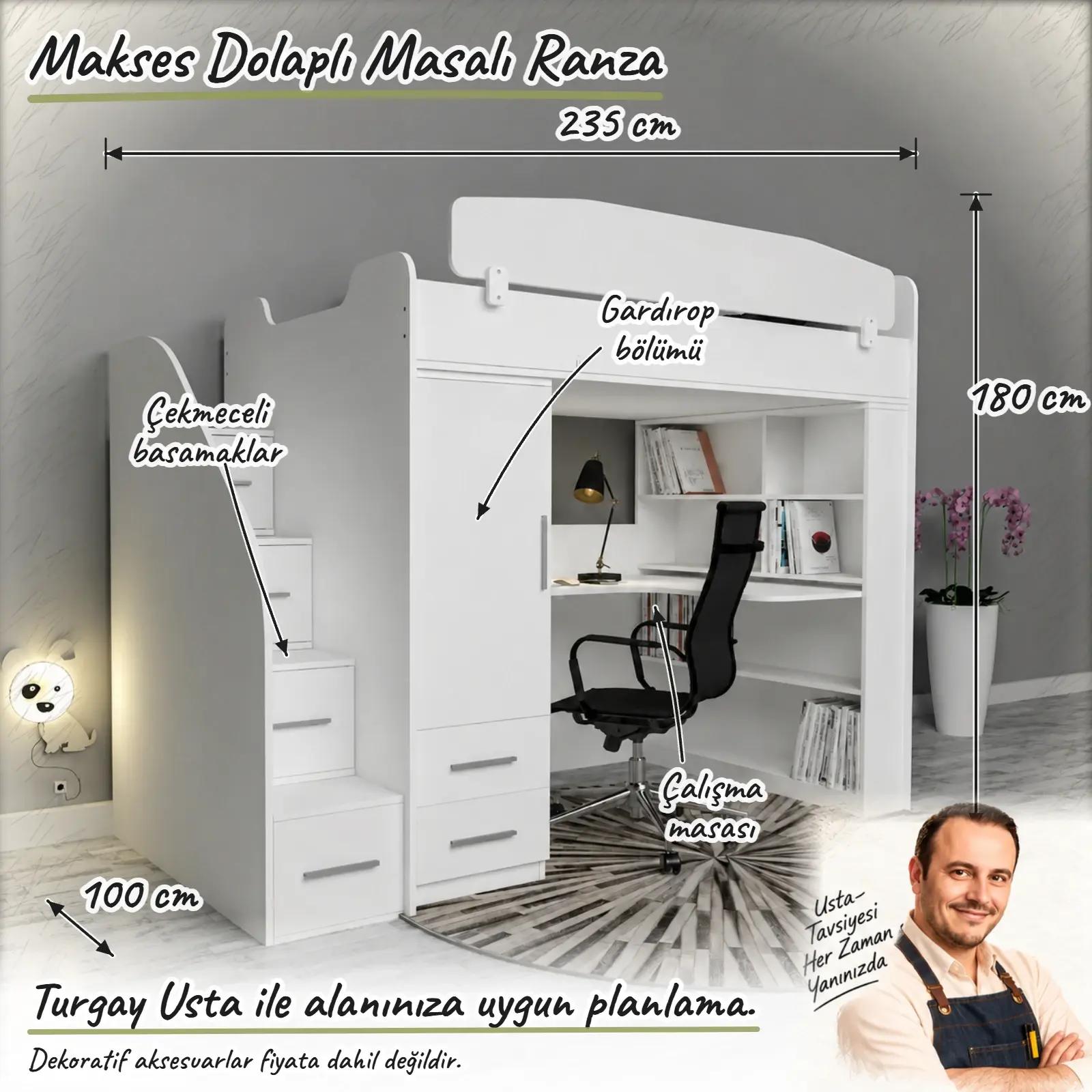 Makses Dolaplı Masalı Ranza ölçülü Turgay Usta eskizi 235x100x180 cm
