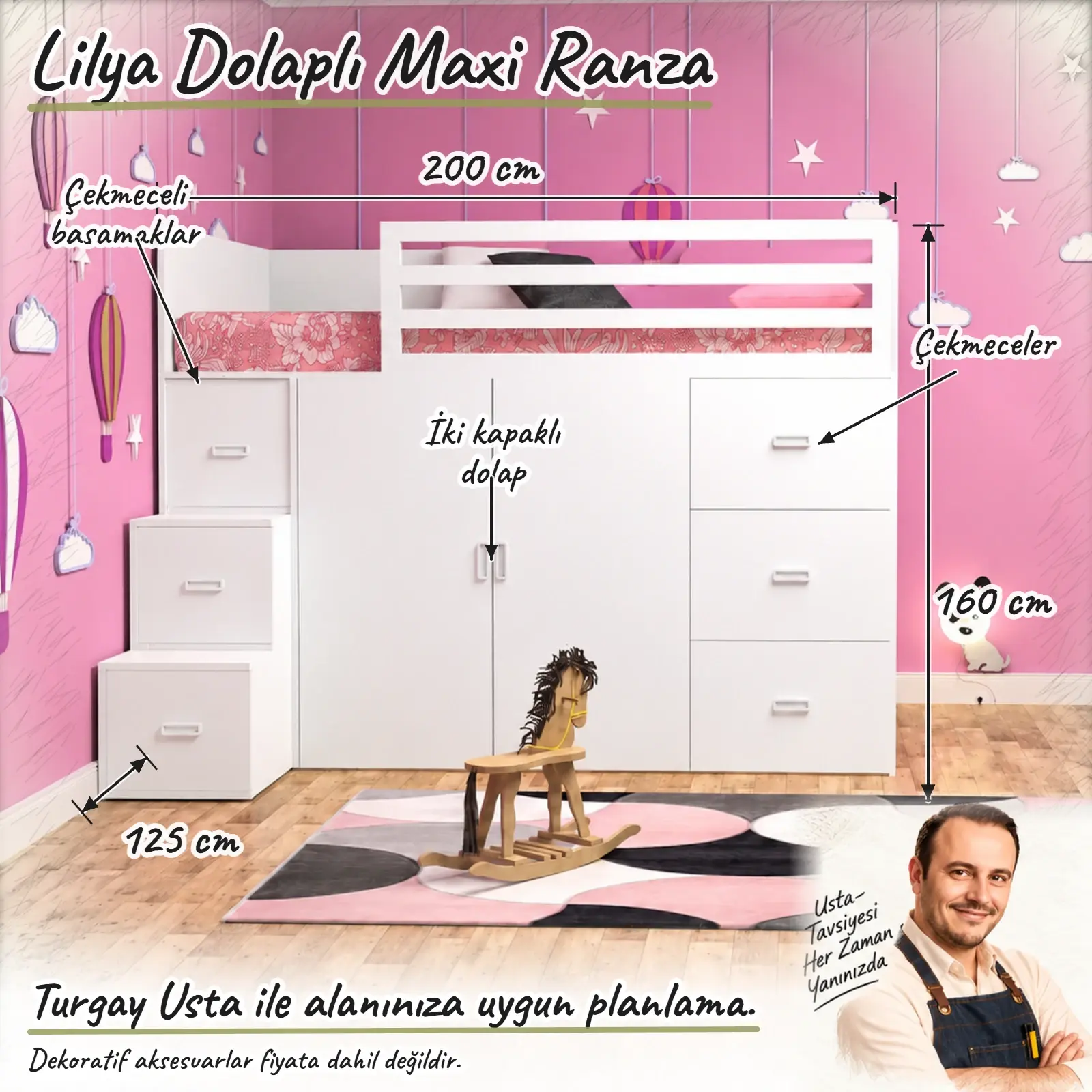Lilya Dolaplı Maxi Ranza ölçülü Turgay Usta eskizi 200x125x160 cm