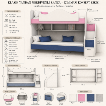 Klasik Yandan Merdivenli Ranza Mdf - beyaz
