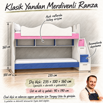 Klasik Yandan Merdivenli Ranza Mdf - beyaz