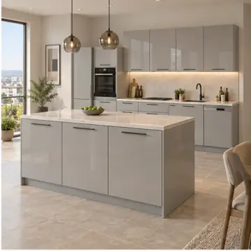 Yalmira İnci Gri High Gloss Çift Taraflı Adalı Düz Mutfak Dolabı