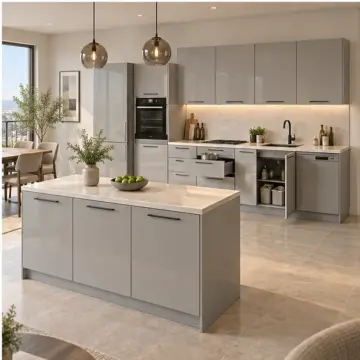 Yalmira İnci Gri High Gloss Çift Taraflı Adalı Düz Mutfak Dolabı