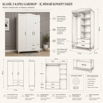 Klasik 3 Kapılı Gardrop