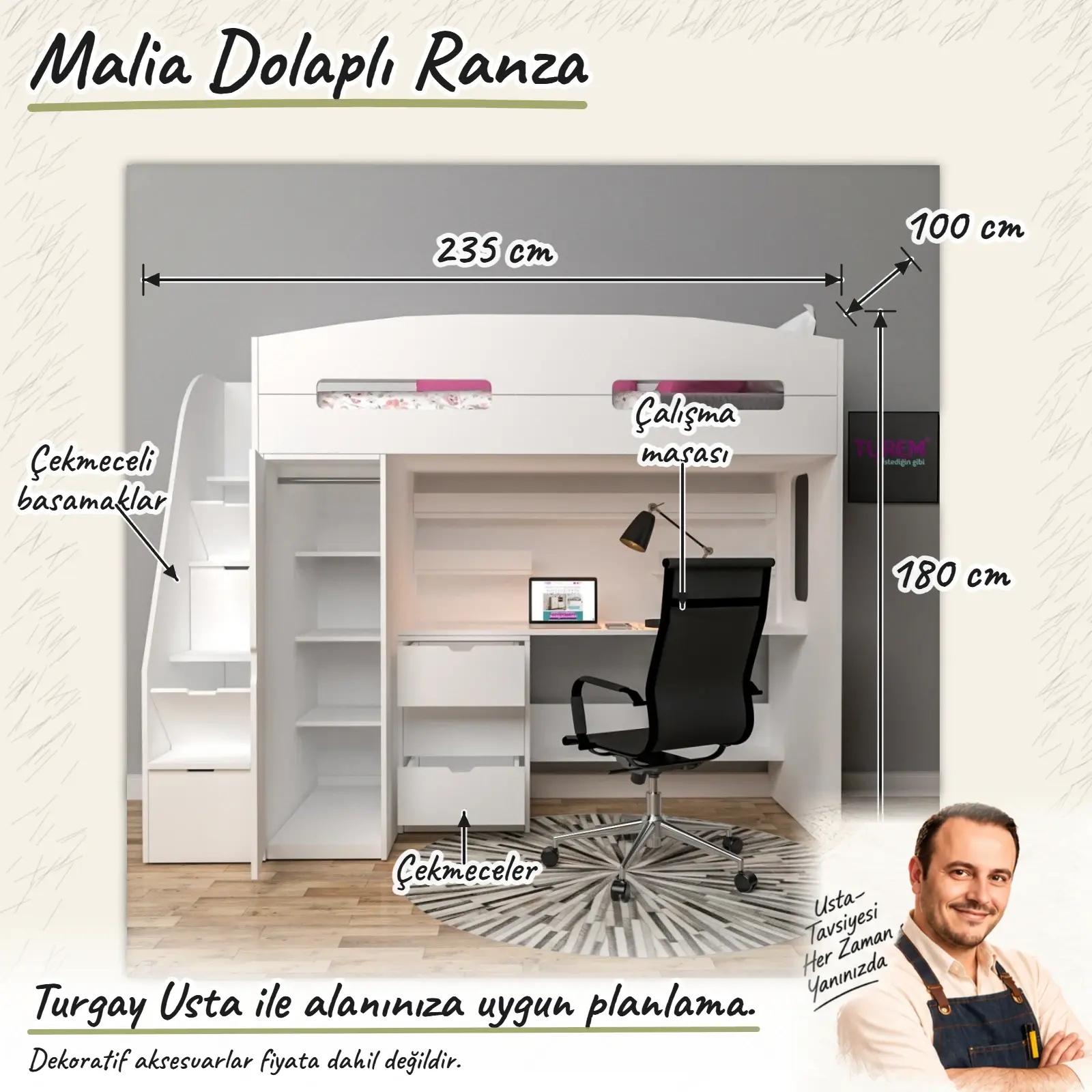 Malia Dolaplı Ranza ölçülü Turgay Usta eskizi 235x100x180 cm