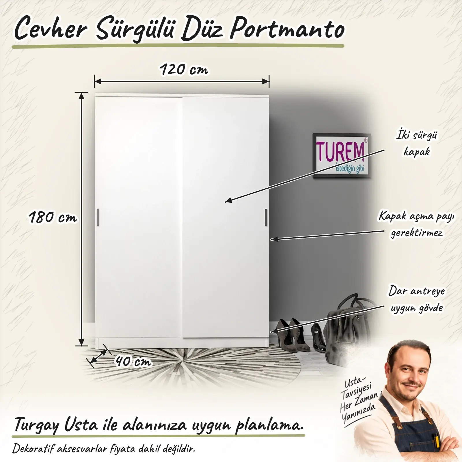 Cevher Sürgülü Düz Portmanto ölçülü Turgay Usta eskizi