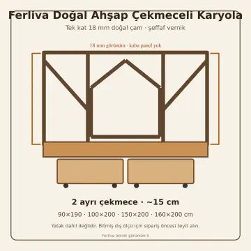 Ferliva Doğal Ahşap Çekmeceli Karyola