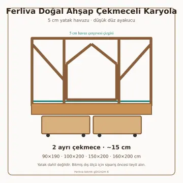 Ferliva Doğal Ahşap Çekmeceli Karyola