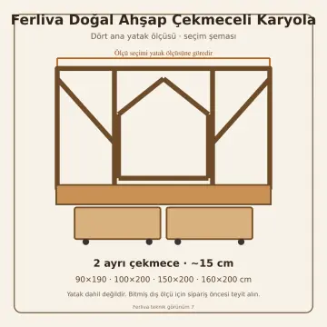 Ferliva Doğal Ahşap Çekmeceli Karyola