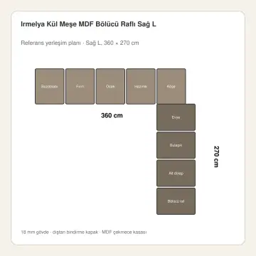 Irmelya Kül Meşe MDF Bölücü Raflı Sağ L Mutfak Dolabı