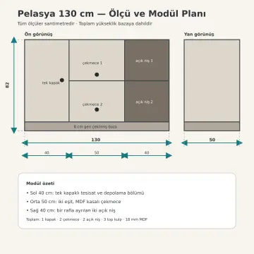 Pelasya Düz MDF Banyo Dolabı 130 cm