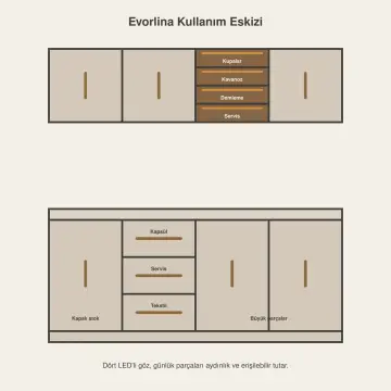 Evorlina 160 cm LED'li Sağ Orta Dört Göz Kuleli Lake Kahve Köşesi