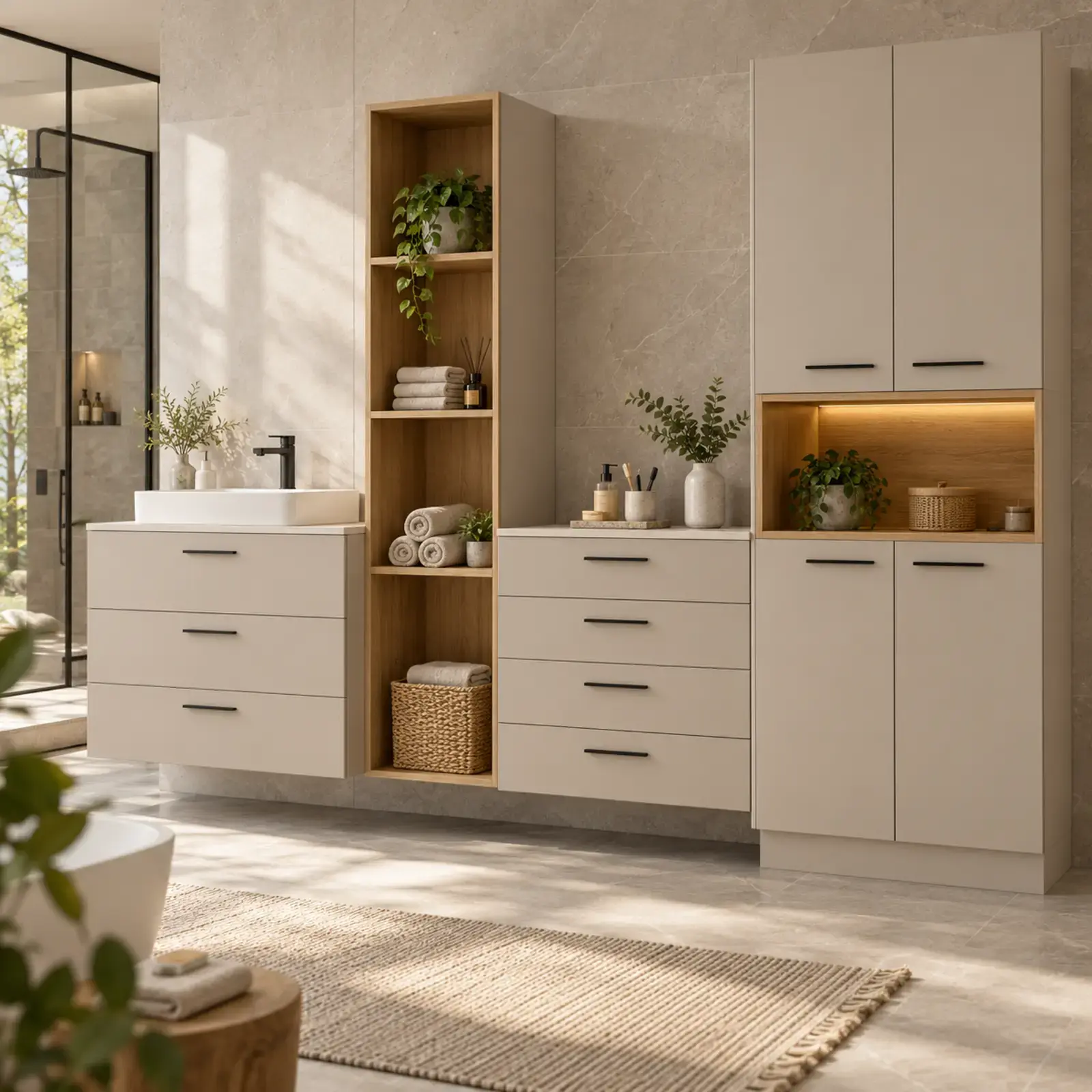 Mirelvessa Düz MDF Çift Çekmece Bankolu, Havlu Kuleli ve Orta Nişli Dört Kapaklı Banyo Dolabı 270 cm