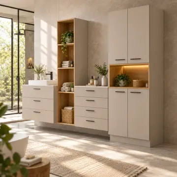 Mirelvessa Düz MDF Çift Çekmece Bankolu, Havlu Kuleli ve Orta Nişli Dört Kapaklı Banyo Dolabı 270 cm