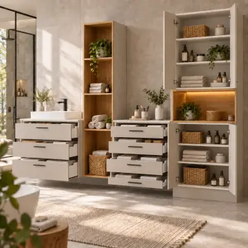 Mirelvessa Düz MDF Çift Çekmece Bankolu, Havlu Kuleli ve Orta Nişli Dört Kapaklı Banyo Dolabı 270 cm