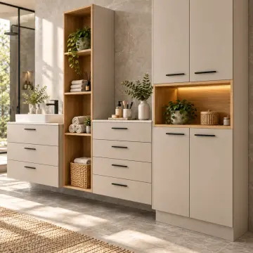 Mirelvessa Düz MDF Çift Çekmece Bankolu, Havlu Kuleli ve Orta Nişli Dört Kapaklı Banyo Dolabı 270 cm