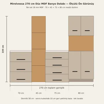 Mirelvessa Düz MDF Çift Çekmece Bankolu, Havlu Kuleli ve Orta Nişli Dört Kapaklı Banyo Dolabı 270 cm