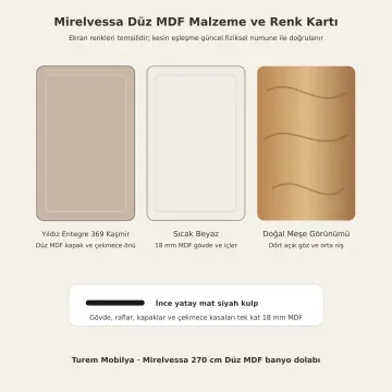 Mirelvessa Düz MDF Çift Çekmece Bankolu, Havlu Kuleli ve Orta Nişli Dört Kapaklı Banyo Dolabı 270 cm