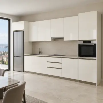 Kelmira İnci Beyaz High Gloss Çift Kule Arası Nişli Düz Mutfak Dolabı