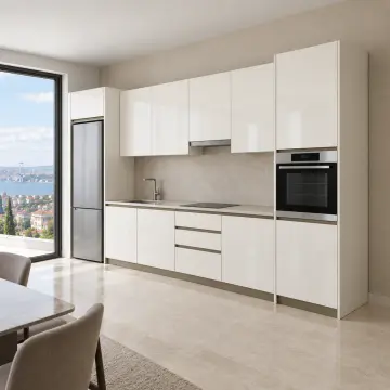 Kelmira İnci Beyaz High Gloss Çift Kule Arası Nişli Düz Mutfak Dolabı