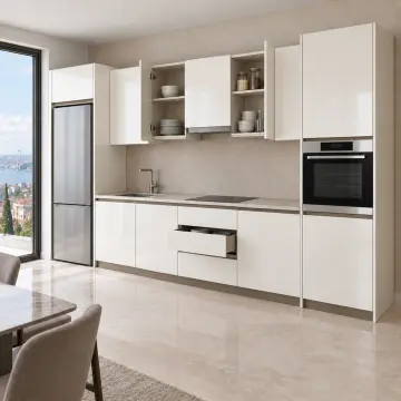 Kelmira İnci Beyaz High Gloss Çift Kule Arası Nişli Düz Mutfak Dolabı