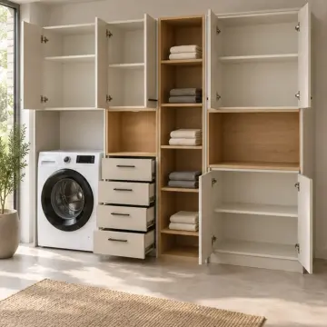 Nirelvora Membran Tek Makineli, Dört Çekmeceli, Beş Havlu Gözlü ve Çift Nişli Servis Dolabı 250 cm