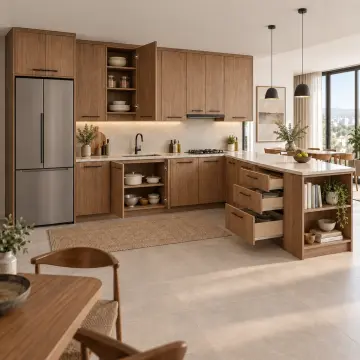 Tervina Açık Ceviz MDF Kitaplık Uçlu Yarımada Mutfak Dolabı