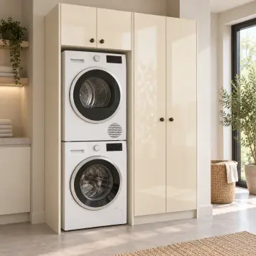 Rovenya High Gloss Üst Üste Makine ve Çift Boy Dolabı 160 cm