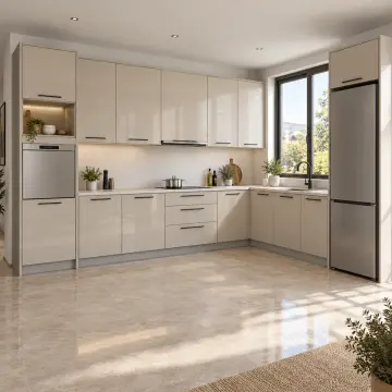 Ulvira İnci Kum High Gloss Yükseltilmiş Yıkama Kuleli Sol L Mutfak Dolabı