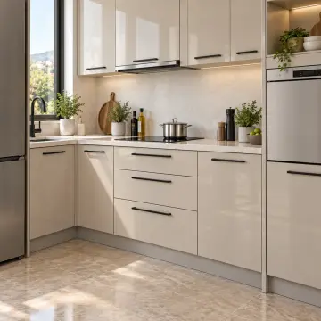 Ulvira İnci Kum High Gloss Yükseltilmiş Yıkama Kuleli Sol L Mutfak Dolabı