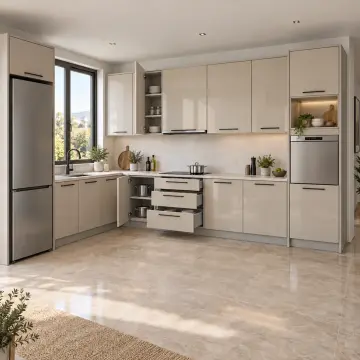 Ulvira İnci Kum High Gloss Yükseltilmiş Yıkama Kuleli Sol L Mutfak Dolabı