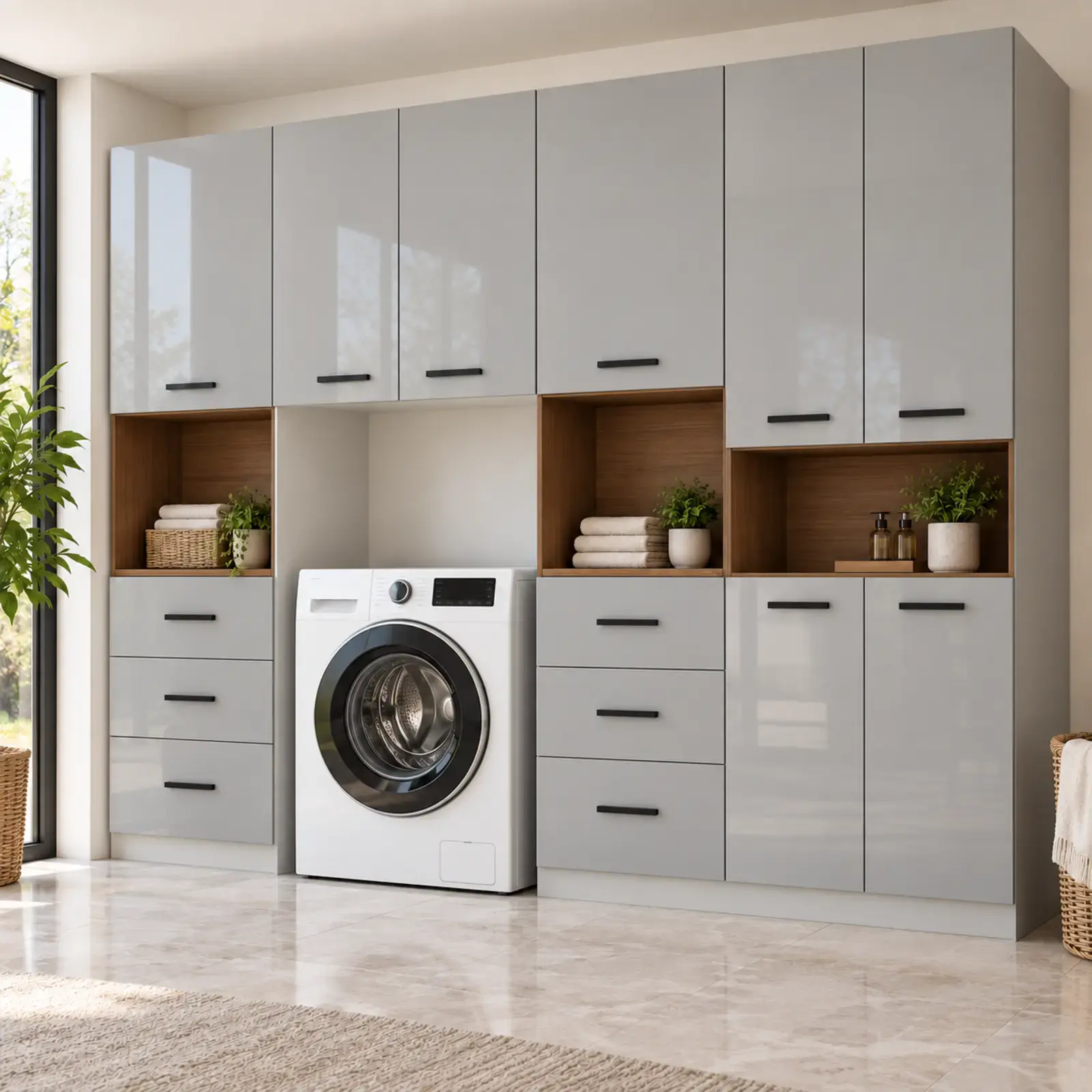 Oirelvanya High Gloss Tek Makineli, Altı Çekmeceli ve Üç Nişli Servis Dolabı 250 cm