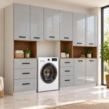 Oirelvanya High Gloss Tek Makineli, Altı Çekmeceli ve Üç Nişli Servis Dolabı 250 cm