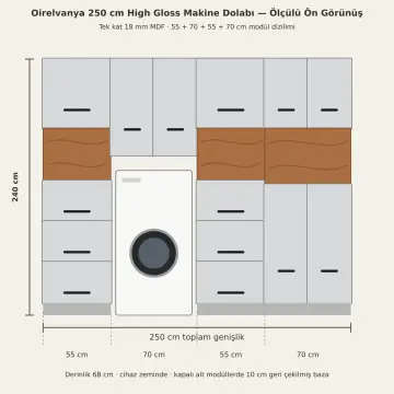 Oirelvanya High Gloss Tek Makineli, Altı Çekmeceli ve Üç Nişli Servis Dolabı 250 cm