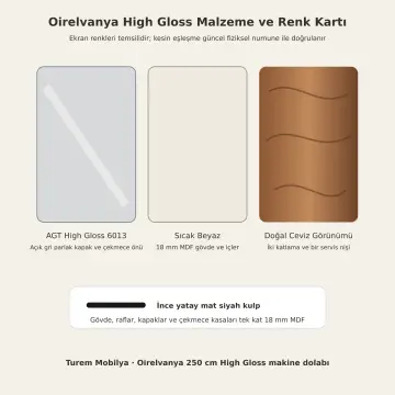 Oirelvanya High Gloss Tek Makineli, Altı Çekmeceli ve Üç Nişli Servis Dolabı 250 cm