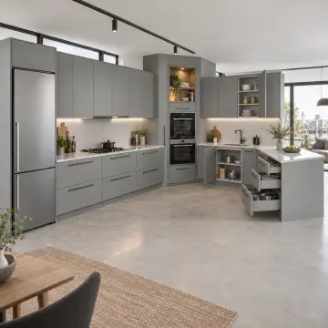 Yosmera RAL 7042 Lake Fırın Kulesi Nişli Z Plan Mutfak Dolabı