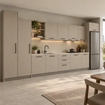 Zelmira Keten Taş MDF Basamaklı Boy Dolaplı Düz Mutfak Dolabı