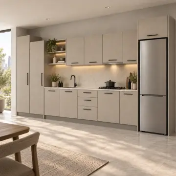 Zelmira Keten Taş MDF Basamaklı Boy Dolaplı Düz Mutfak Dolabı