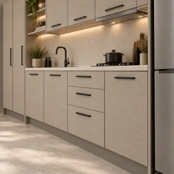 Zelmira Keten Taş MDF Basamaklı Boy Dolaplı Düz Mutfak Dolabı