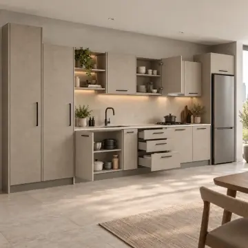 Zelmira Keten Taş MDF Basamaklı Boy Dolaplı Düz Mutfak Dolabı