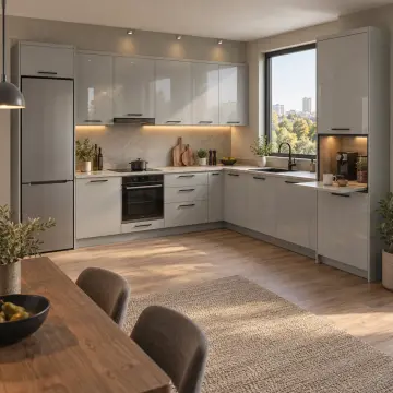 Arviona İnci Gri High Gloss Katlanır Servis Dolaplı Sağ L Mutfak Dolabı