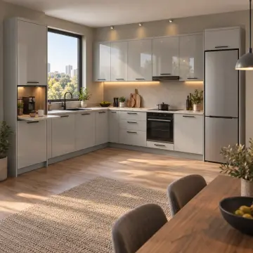 Arviona İnci Gri High Gloss Katlanır Servis Dolaplı Sağ L Mutfak Dolabı