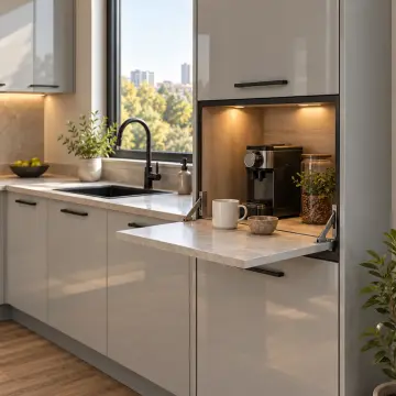 Arviona İnci Gri High Gloss Katlanır Servis Dolaplı Sağ L Mutfak Dolabı